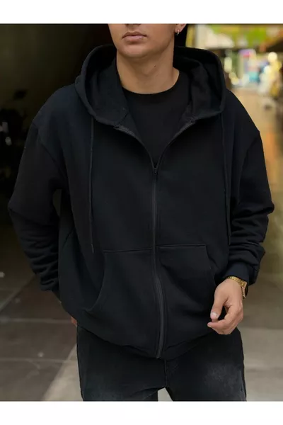 Giacca con cappuccio unisex con cerniera in tessuto spazzolato nero