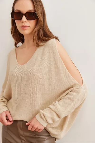 Kadın Taş V Yaka Omuz Dekolteli Salaş Triko Bluz 