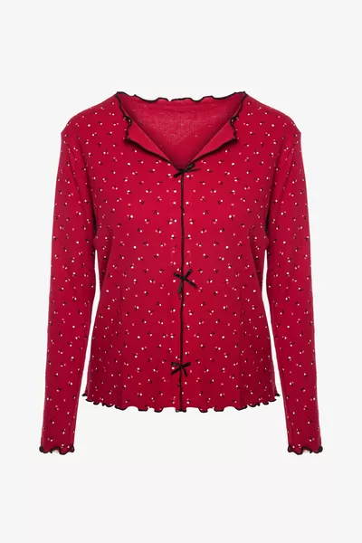 طقم بيجامة نسائي طويل الأكمام مع فيونكة وتفاصيل درزة أوفورلوك من كاشكورسي