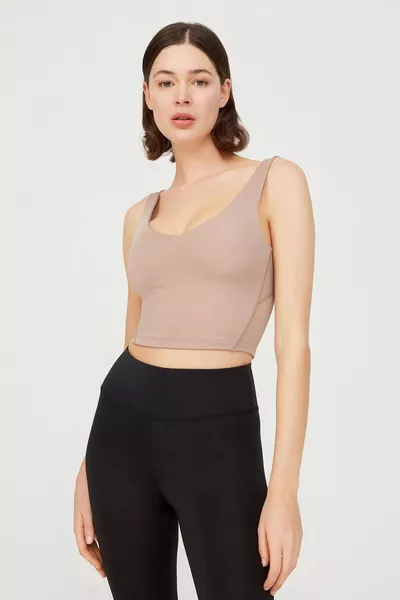 Beige V-Neck Lightly Padded Covered Sports Bra V-neck