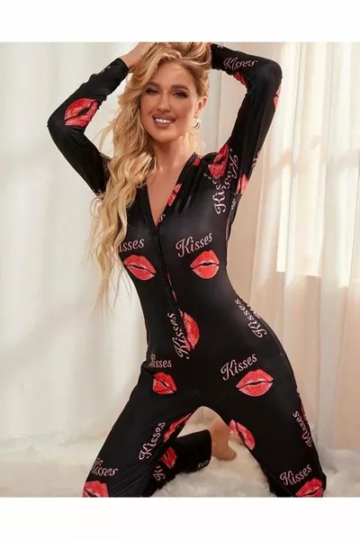 Zwart pyjamaspak met rode lippenstiftprint/lippenkus, knoopsluiting, katoenen gebreid, huis- en slaapkleding