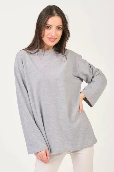 T-shirt Clasy da donna grigia a maniche lunghe con scollo rotondo basic oversize