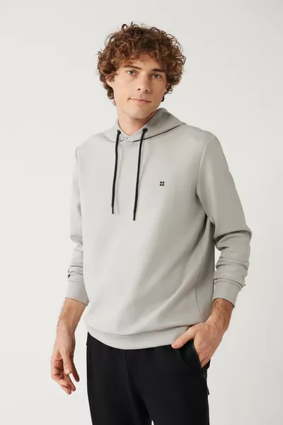 Men's Grey Hooded Stretch Soft Texture Interlock Fabric Basic Regular Fit Sweatshirt 