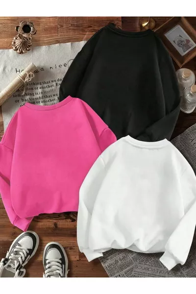 Girls' Black, White, and Pink 3-Piece Pack Sweatshirt with Bows and Cherry Print, Crew Neck