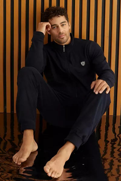 طقم بيجامة رجالي من الفرو الأزرق الداكن بأكمام طويلة وسحاب أمامي