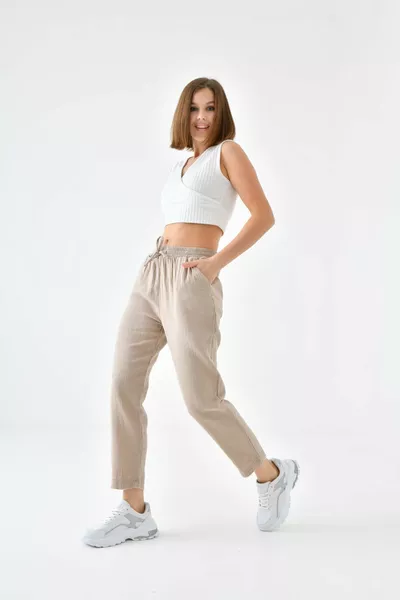 Stone Color % Cotton Muslin Fabric Women's Pants – Slim Fit, With Pockets, Comfortable Daily Pants