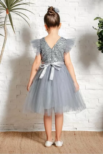 قرط نمط تول فستان بنات  رمادي