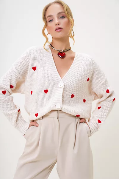 Women's Ecru V-Neck Cardigan with Heart Embroidery Knit 