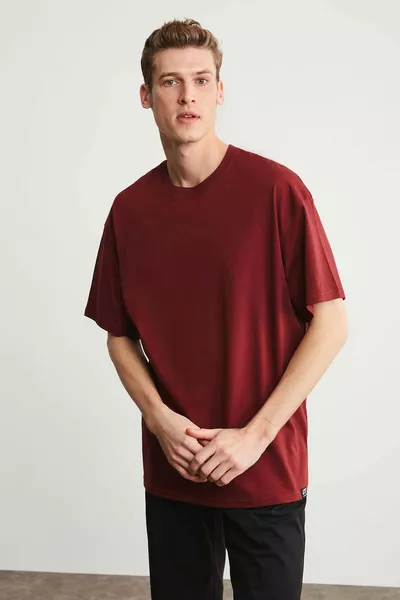 Jett Men's Oversize Fit % Organic Cotton Thick Textured Burgundy Crew Neck T-shirt