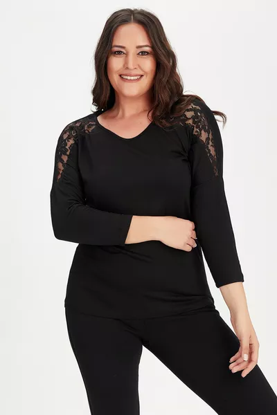 Women's Black Plus Size Long Sleeve Blouse with Yoke Lace Detail