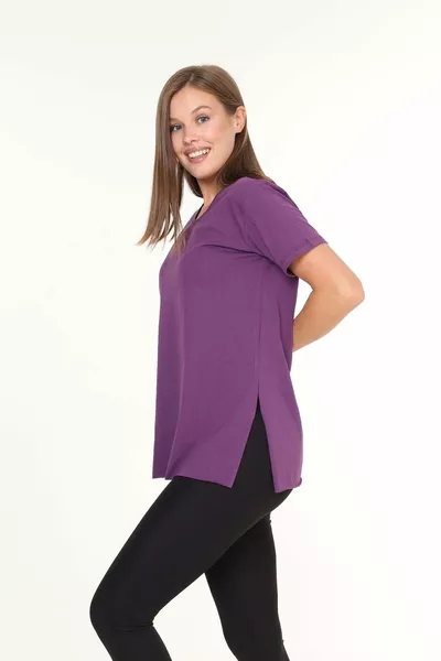 % Katoen Dames Paarse V-hals Asymmetrische Jersey Top met Zijsplit