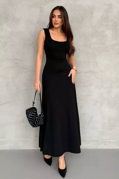 فستان نسائي بلمسة ناعمة بياقة مربعة من الأمام والخلف أسود 