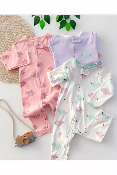 Set di 3 tutine per bambina con motivo elefante % cotone