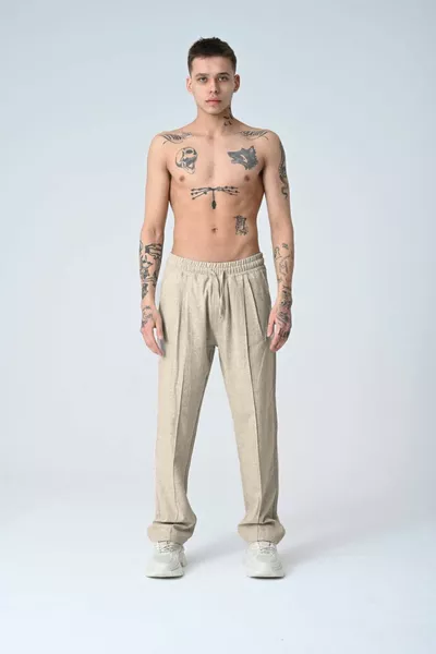 Krem Baggy Pileli Keten Pantolon