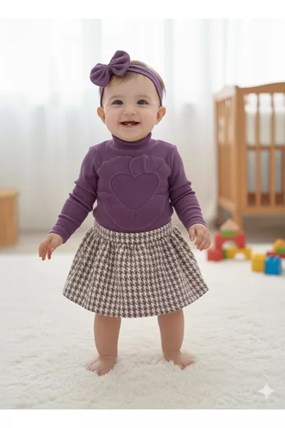 طقم للأطفال يشمل بلوزة قلبية وتوب وإيشارب وتنانير