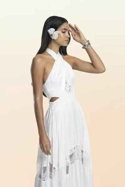 Maxi Invitation Dress with Lace Detail with Neck Tie