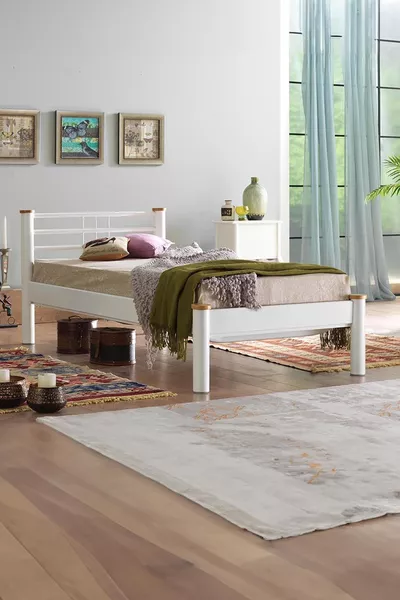 Kappis-s Single Bed Iron Frame - White (WOODEN SLATS)