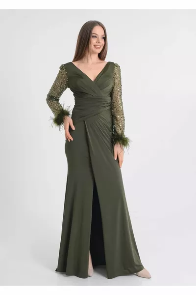 Haki Kolları Payetli Abiye Elbise