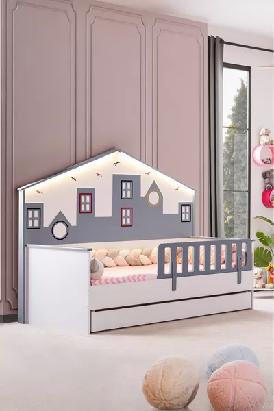 Lit Montessori avec tiroir pour enfant, Lit Montessori City avec panneau et barrières - Gris