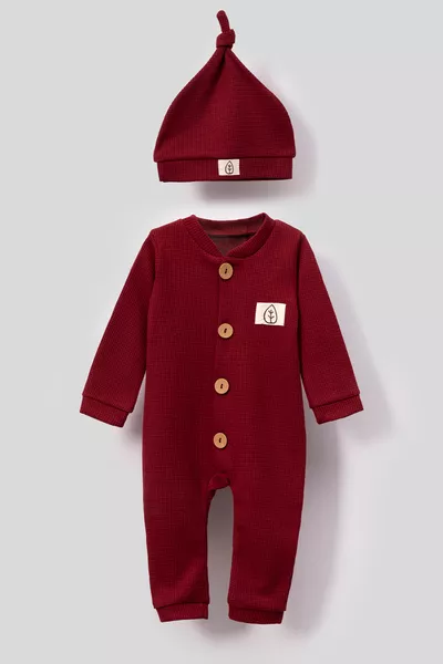 Unisex Houten Knop Afbeelding Pet Wafel Stijlvolle Babypakje - rood