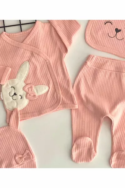 Cheerful Babies Organic Fabric Teddy Bear Embroidered Pattern 5-Piece Hospital Outfit Set Salmon