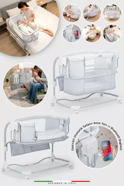 سرير أطفال كهربائي أوتوماتيكي متأرجح بجانب الأم، سرير محمول، رمادي