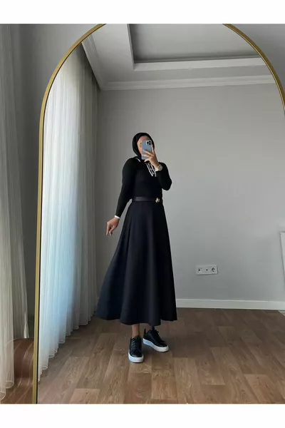 Women's Puff Scuba Modest Black Flared Skirt