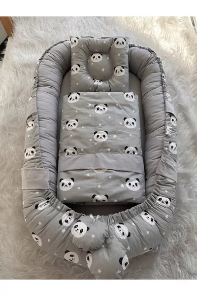 سرير رضّع رمادي بشكل باندا ووسادة وبطانية، طقم 3 قطع، تصميم فاخر، سرير بجانب الأم