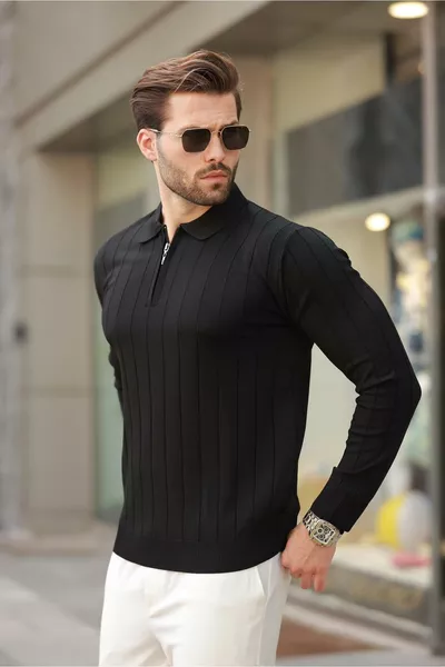 Черный вязаный свитер с воротником-поло на молнии 