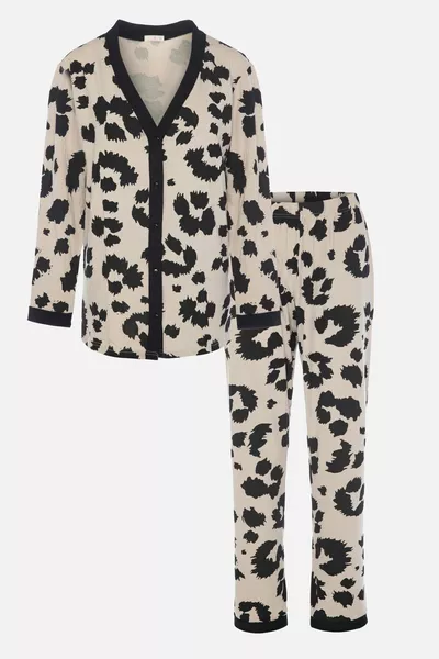 Women's Leopard Print Buttoned Pajama Set with Band Detail
