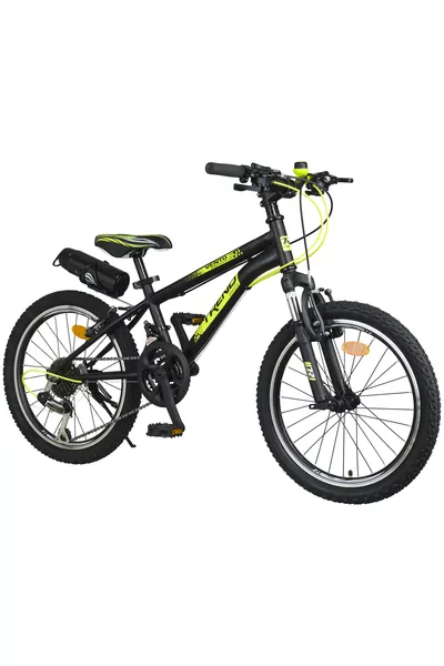 Cross Country dubbele aluminium velg, voorvork met schokdempers, schakelhendel met duimschakelaars