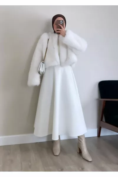 Women's Puff Sleeve Modest Wear White Scuba Flared Skirt with Elastic Waist