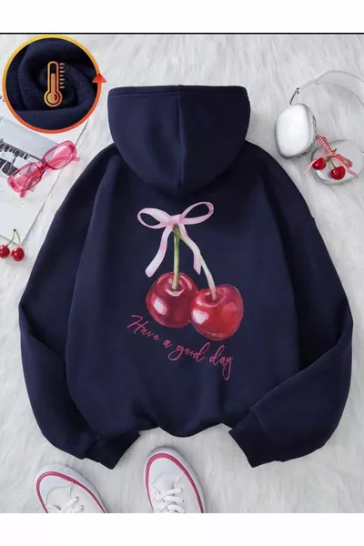 Cherry Good Day Navy Hoodie with Printed Back and Kangaroo Pocket Sweatshirt