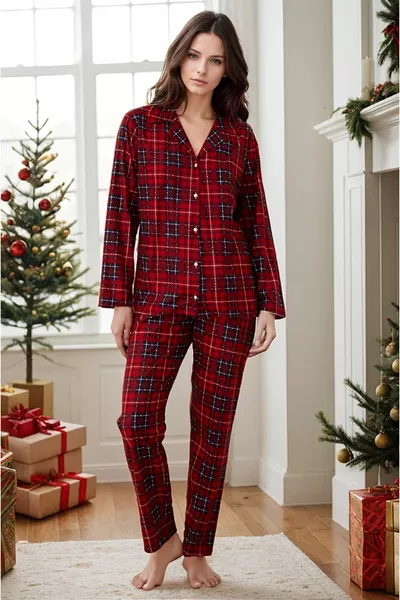 Women's Plaid Winter Button-Up Suede New Year Themed Christmas Pajama Set