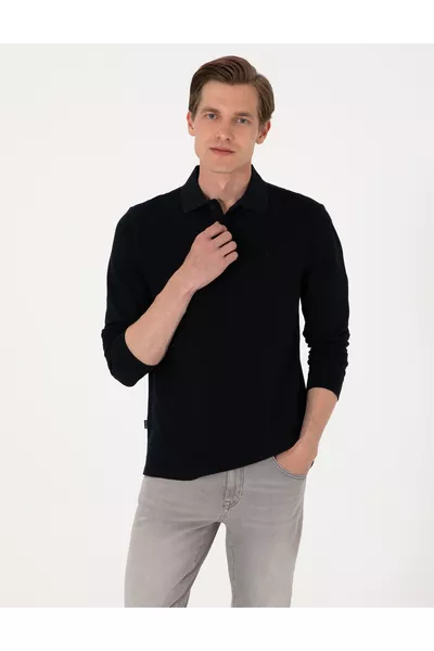 سويت شيرت بولو أسود ضيق بدون تجاعيد، قماش بيكي بسيط 