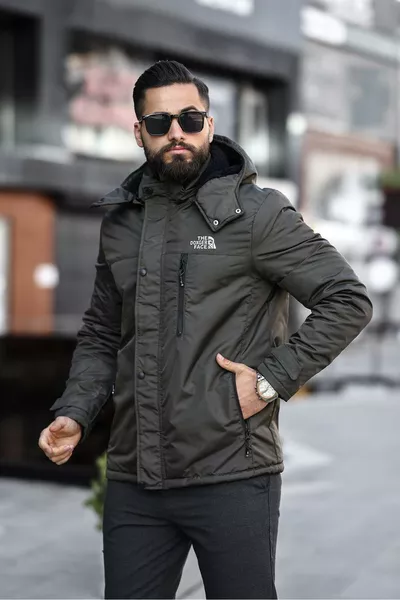 معطف رجالي شتوي بسحاب داخلي وغطاء رأس فرو قابل للفصل