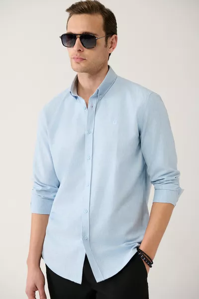 Erkek Açık Mavi Basic Düğmeli Yaka Pamuklu Gömlek 