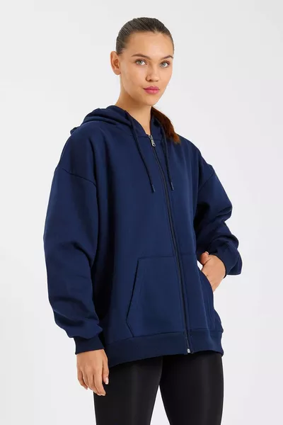 Синий свитшот для женщин оверсайз с капюшоном, карманом-кенгуру, на молнии, с внутренней стороны хлопковый