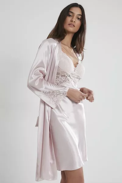 Satiniertes Spitzen-Nachtwäsche- und Morgenmantel-Set - 