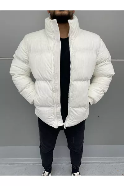 معطف مبطن أبيض من المخمل المخطط