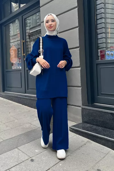 Ensemble pantalon et tunique en tricot à manches ballon et maille métallique