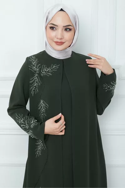 Robe pour maman grande taille avec feuilles et pierres kaki 