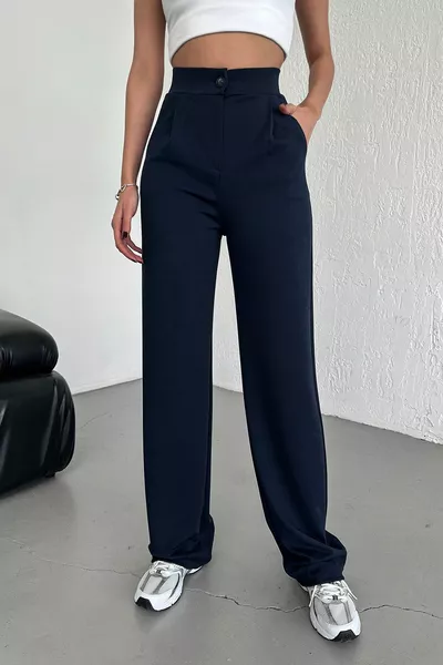 Pantalon Palazzo Femme Bleu Marine Taille Haute Plissé Boutonné Extensible Confortable