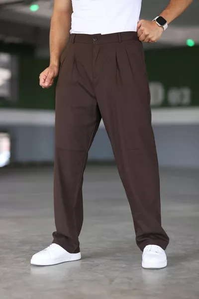 بنطال باغي بني مزدوج الطيات بخصر مطاطي، عالي الجودة، مريح، قصّة كلاسيكية واسعة الساق