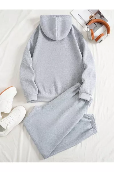 Brooklyn USA Hooded Set Sweatshirt and Sweatpants Combo - Gray Printed Oversize with Elastic Ankles