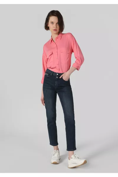Slim Fit Orta Bel Düz Paça Kadın İndigo Jean Pantolon