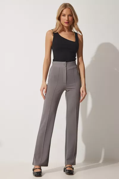 Pantalon décontracté en lycra gris taille haute pour femmes 