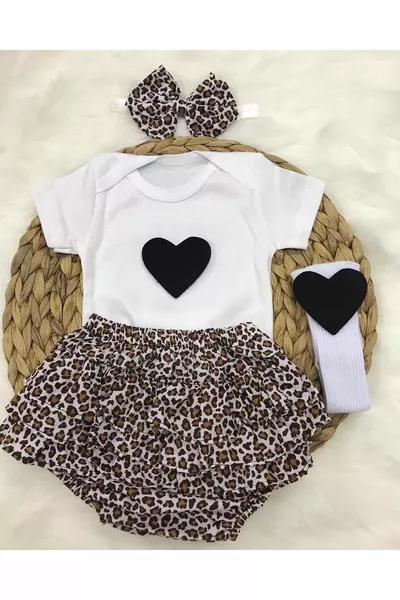 Mädchen Baby Herzmuster Leoparden Shorts Stirnband Socken Body Set