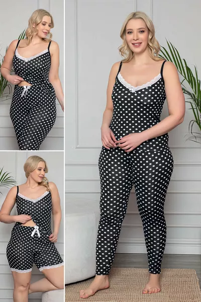 Büyük Beden Puantiye Desenli Dantel Detaylı Şortlu Ve Taytlı Pijama Takımı 3'lü Set 