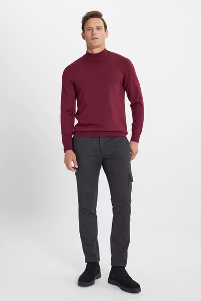Erkek Bordo Standart Fit Normal Kesim Yarım Balıkçı Yaka Triko Kazak